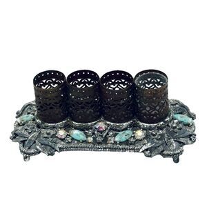 Vintage Sam Fink Jewel Rhinestone & Stone Vanity 4 Lipstick Holder Caddy